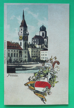 AK Passau / 1900 / Absolvia / Schule / Nunquam Retrorsum / Wappen Helm